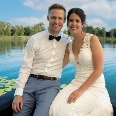 Brautpaar am Seeufer – entspanntes Hochzeitsfoto in der Natur von hochzytfotograf.com